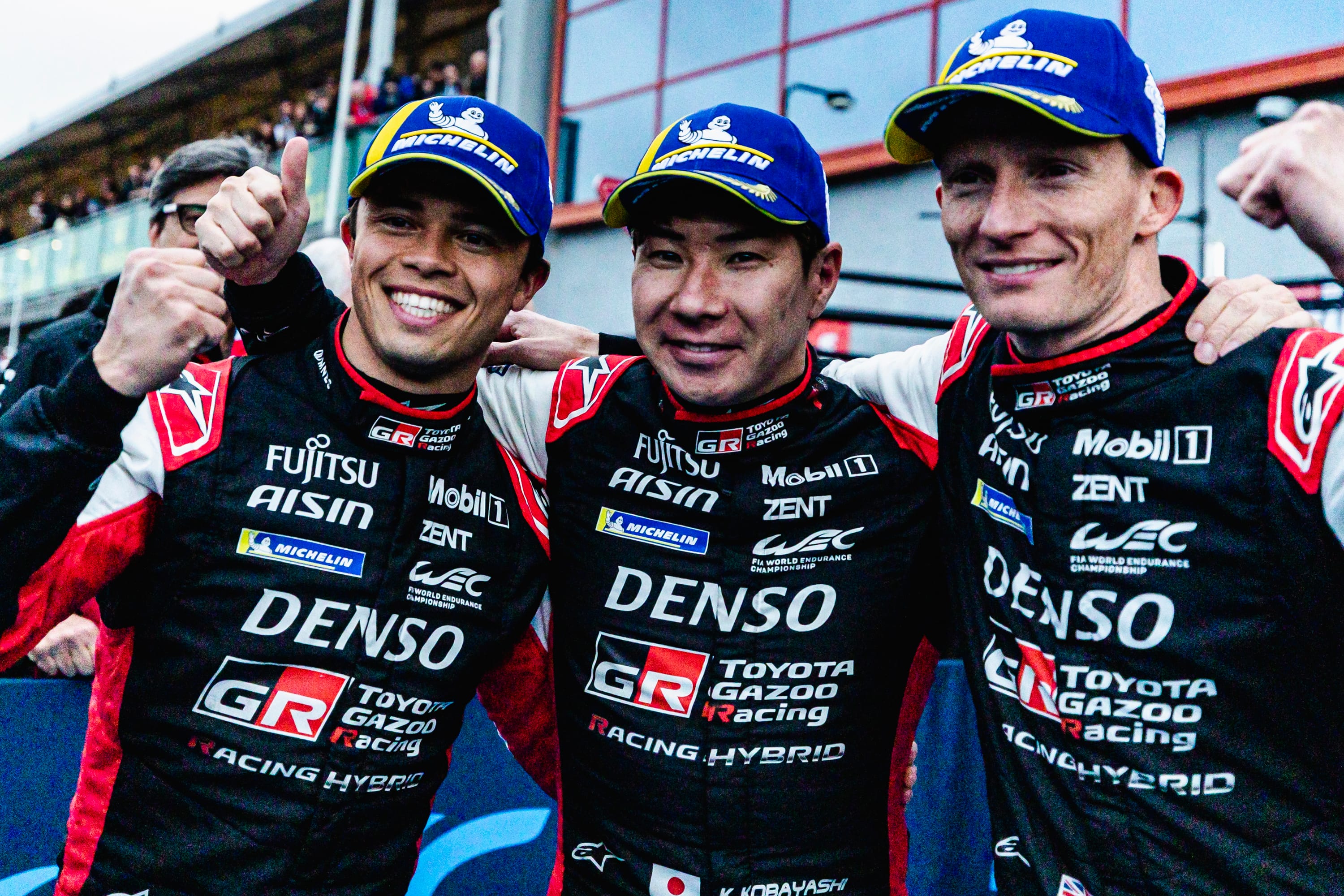 Nyck De Vries, Kamui Kobayashi and Mike Conway after winning WEC's 2024 6 Hours of Imola